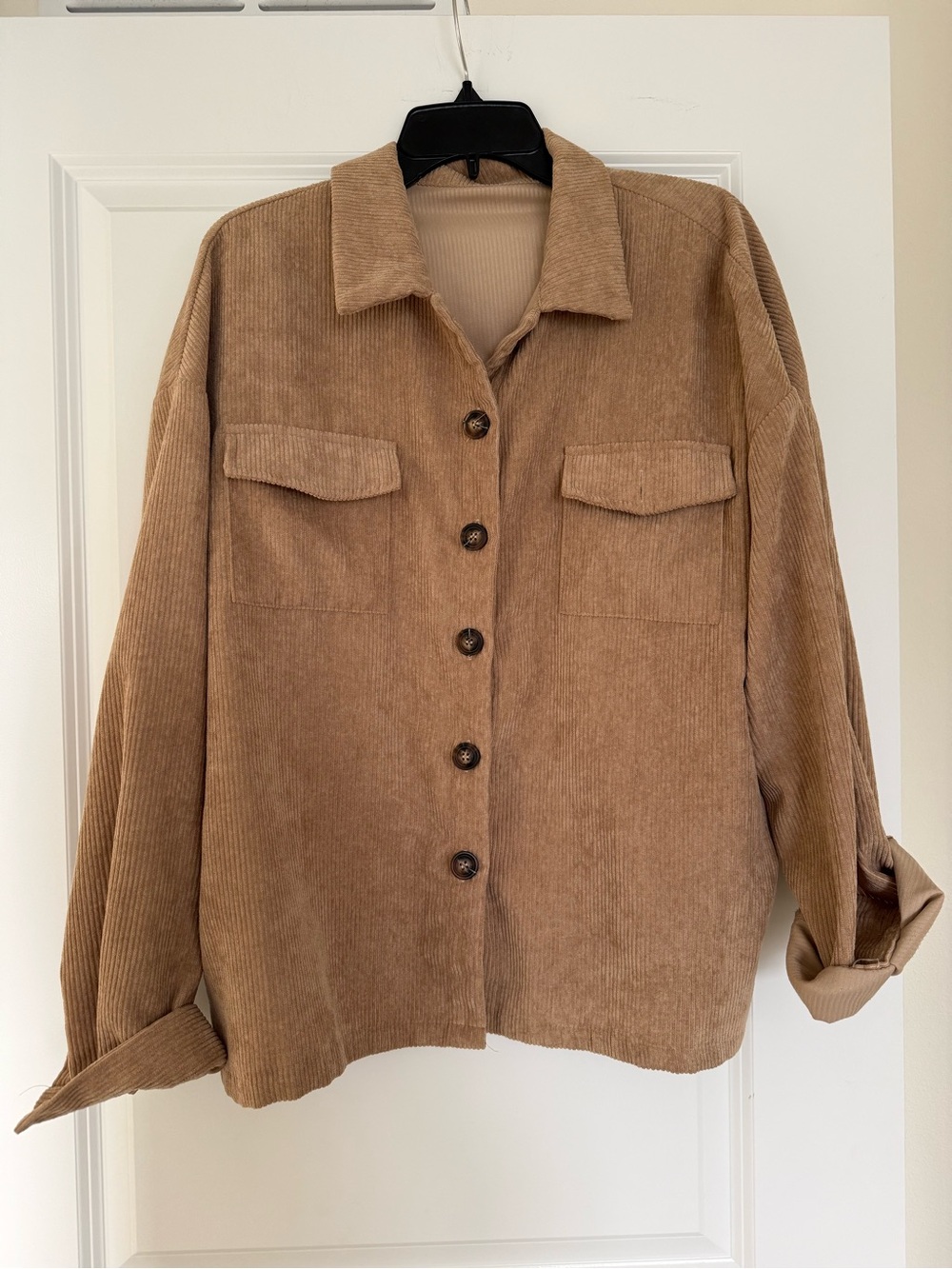 SHEIN Beige Corduroy Button-Up Shirt Jacket